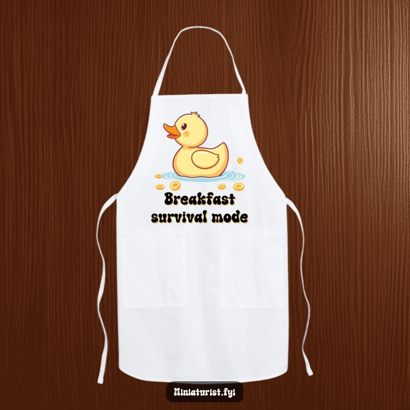 Funny apron illustrating a minuscule rubber ducky's frantic paddle on a giant cereal flake, a humorous kitchen accessory.