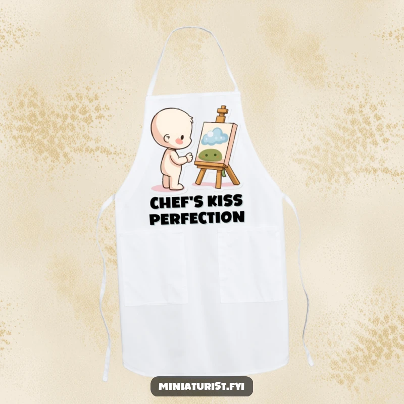Funny Proud Artist Apron featuring a small figure admiring tiny artwork, perfect for creative sessions and adding humor.