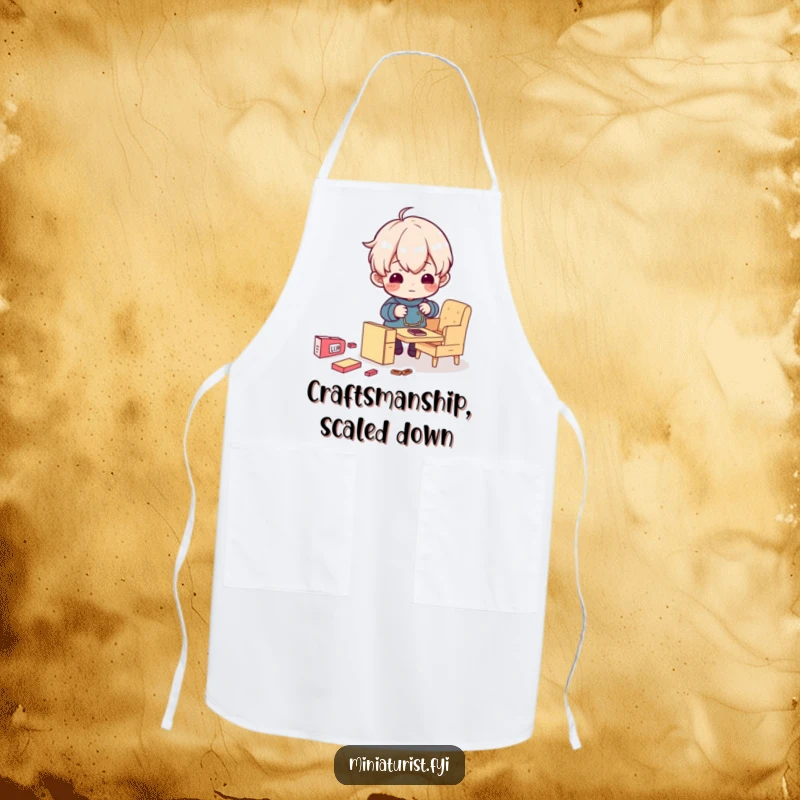 Funny apron showing a tiny character enthusiastically assembling tiny furniture, a humorous companion for kitchen endeavors.