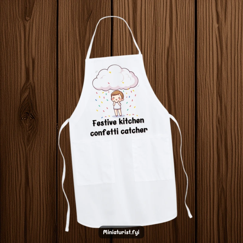 Funny Apron: A tiny character happily surprised by a miniature raincloud that’s raining down colorful confetti.