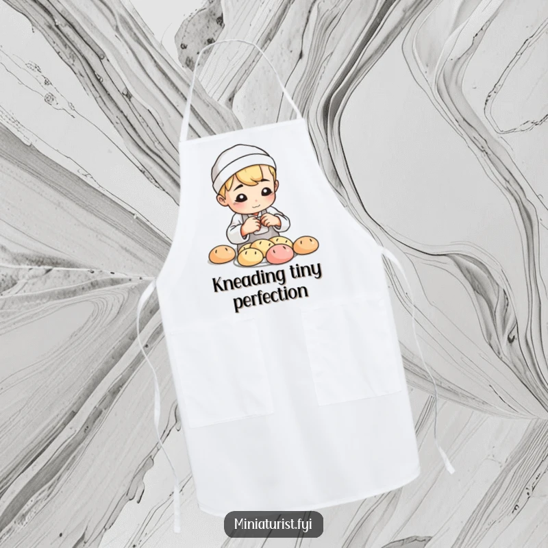 Funny Baker Loaf Apron, kitchen wear with a small baker shaping tiny clay bread loaves with playful focus, for baking fun.