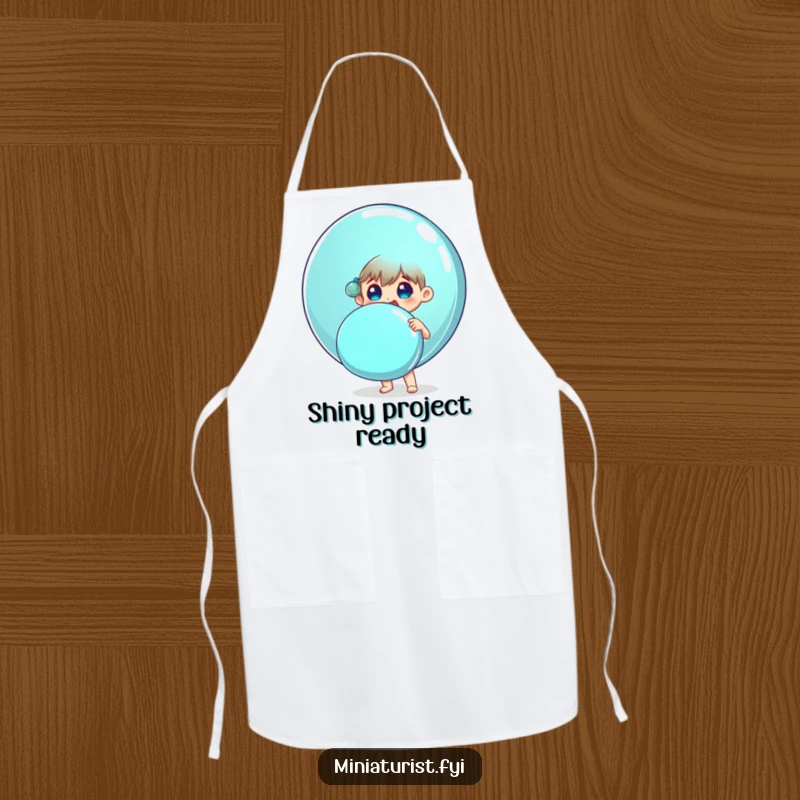 Funny apron with a small person surprised and delighted holding an enormous shiny button, humorous kitchen wear.