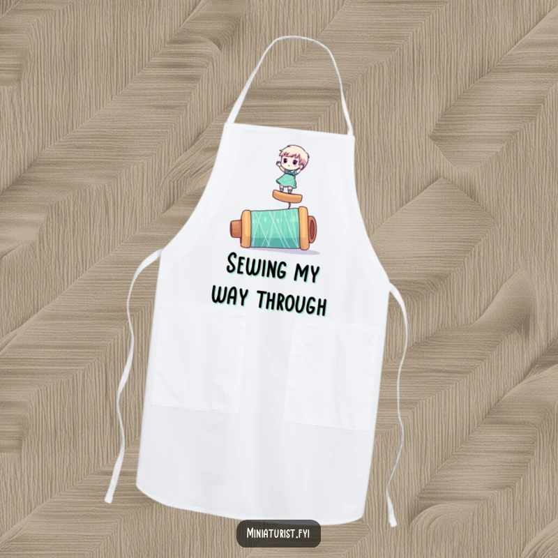 Funny apron showing a miniaturist character humorously balancing on a giant spool of thread, ideal for sewing or crafting.