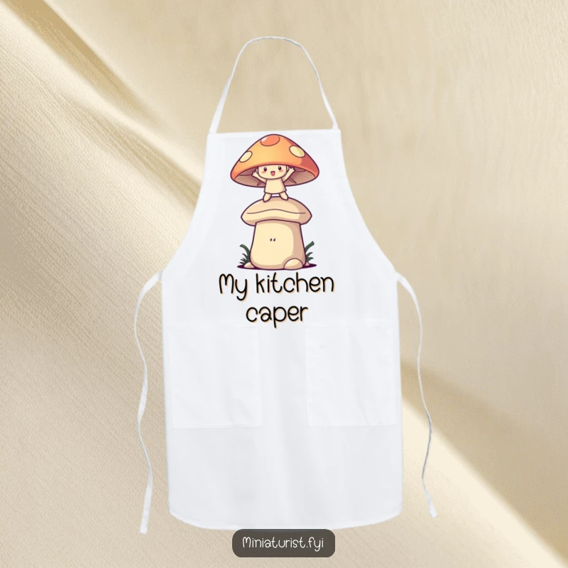 Funny mushroom balance apron showing a character playfully balancing on a giant mushroom cap, inspiring whimsical kitchen fun.