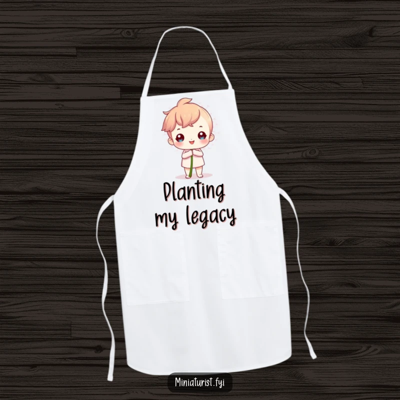 Funny Apron showing a proud miniature character holding a giant dandelion seed, ideal for a confident chef.