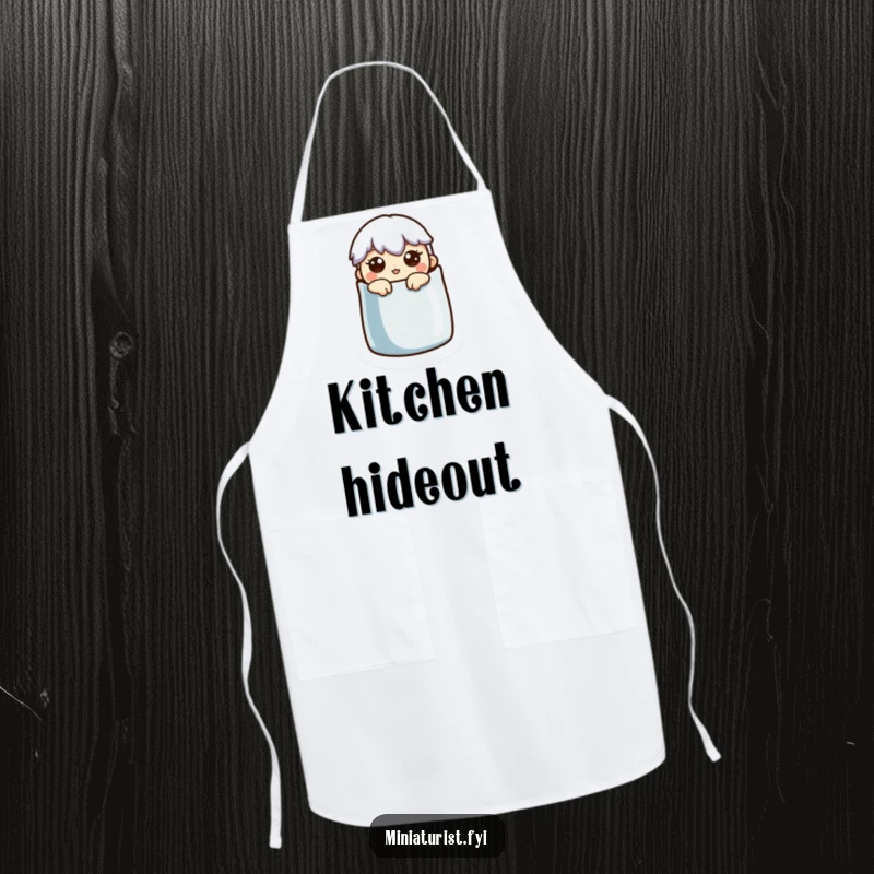 Funny Apron: A miniature character with a surprised expression peeks out from a thimble, ready for kitchen tasks.