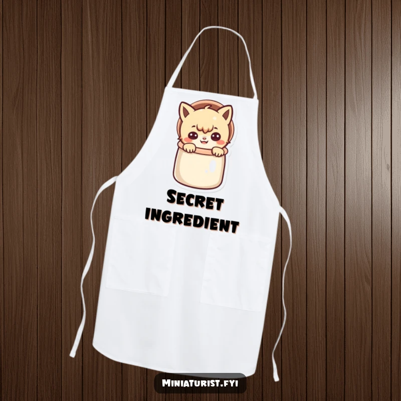 Funny apron showing a small character peeking out of a thimble with a mischievous grin, a humorous kitchen companion.