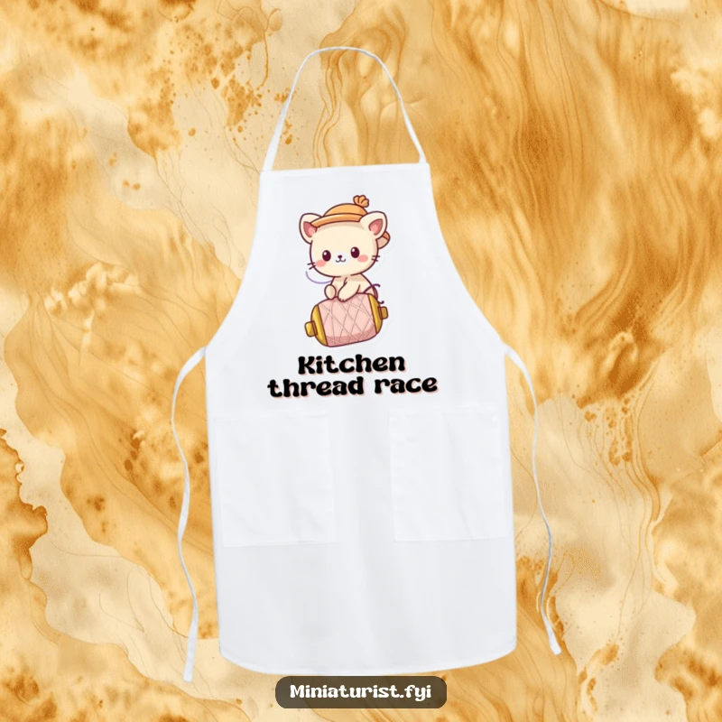 Funny Apron: A cute animal character wearing a tiny hat rides a runaway spool of thread, perfect for kitchen escapades.