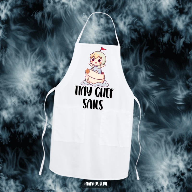 Funny miniature character joyfully riding a thimble like a boat, depicted on a humorous apron for little sailors.
