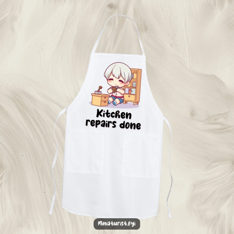 Funny Tiny Fixer Apron featuring a small figure using a tool on miniature furniture, perfect for workshop use and adding humor.