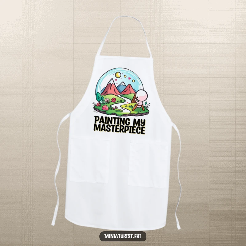 Funny Artist Landscape Apron, art studio wear with a small figure painting a microscopic landscape with vibrant, happy strokes, for painters.