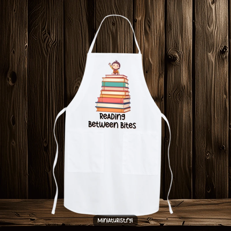 Funny apron with a tiny figure waving enthusiastically from atop oversized books, humorous kitchen wear.