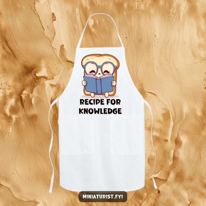 Funny miniature toast character wearing oversized spectacles, engrossed in a book, featured on a practical apron for a humorous cooking experience.