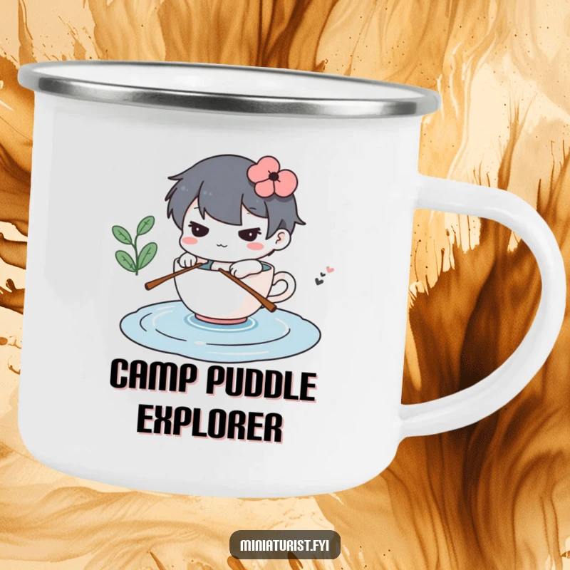 Funny camping mug with a determined miniature character rowing a teacup across a puddle, adventurous and humorous.