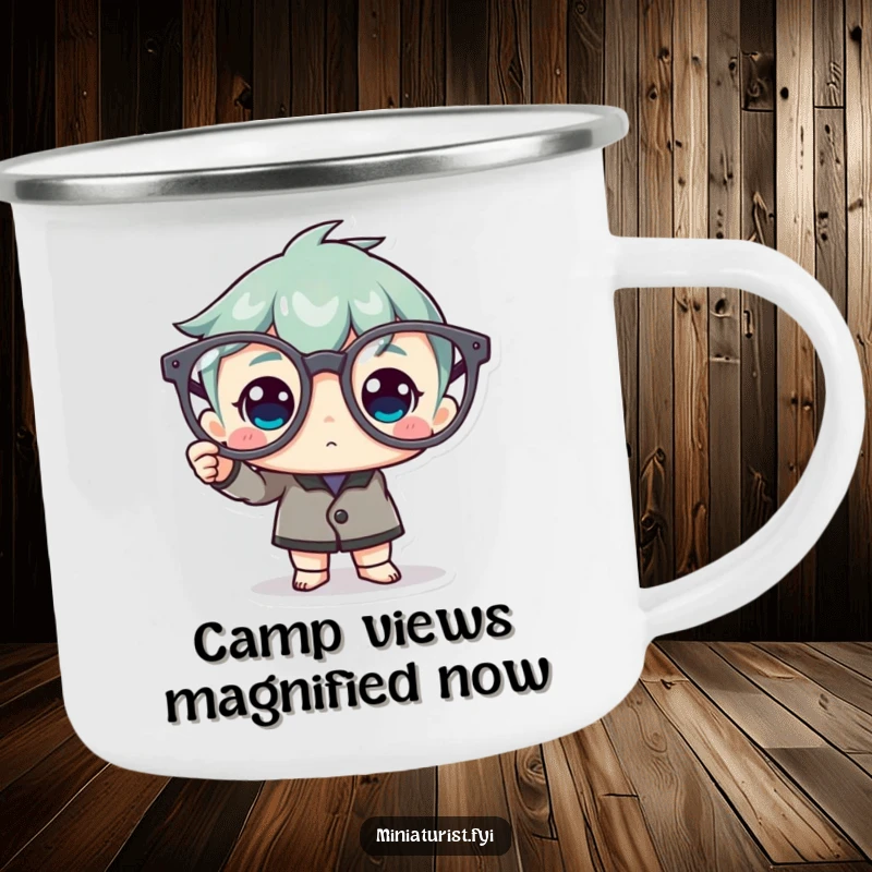 Funny Camping Mug: Miniature character diligently polishes giant spectacles under the open sky, adding humor.