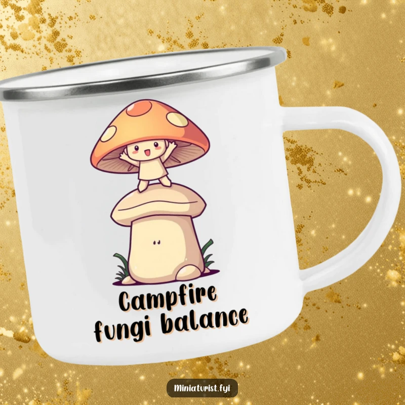 Funny mushroom balance camping mug showing a character balancing on a mushroom cap, ready for whimsical outdoor adventures.