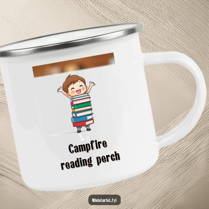 Funny camping mug with a small character balancing tiny books, perfect for readers who enjoy nature and humorous designs.
