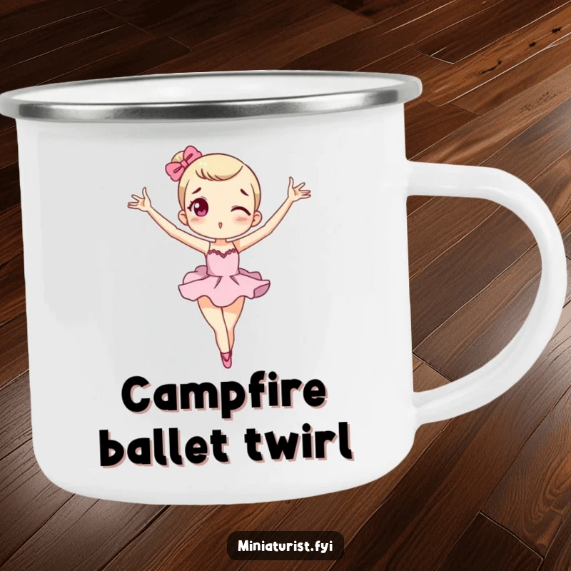 Funny miniature macaron camping mug featuring a tiny character in an exaggerated ballet pose, durable and fun.