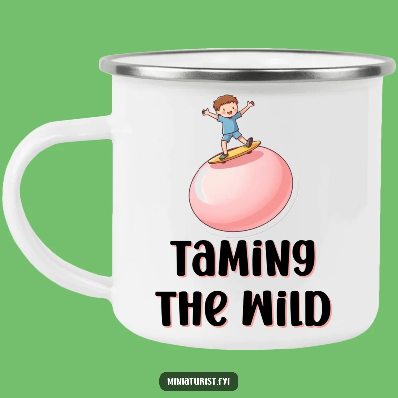 Funny Button Surf Camping Mug: Adventure Fuel with a Miniature Person's Epic Ride!
