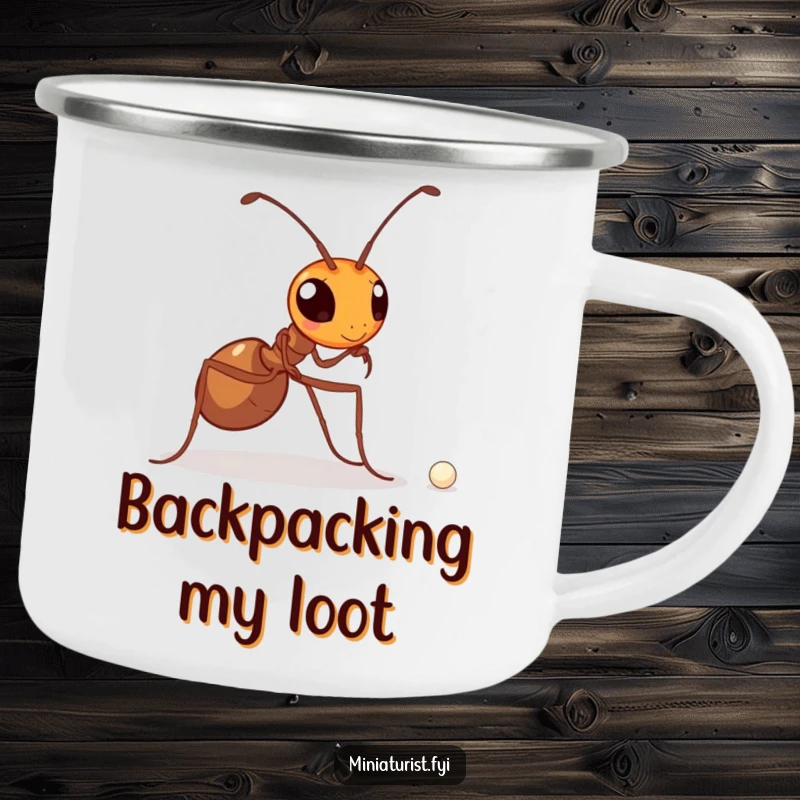 Funny camping mug of a determined ant carrying a minuscule pearl, symbolizing strength and the journey ahead.