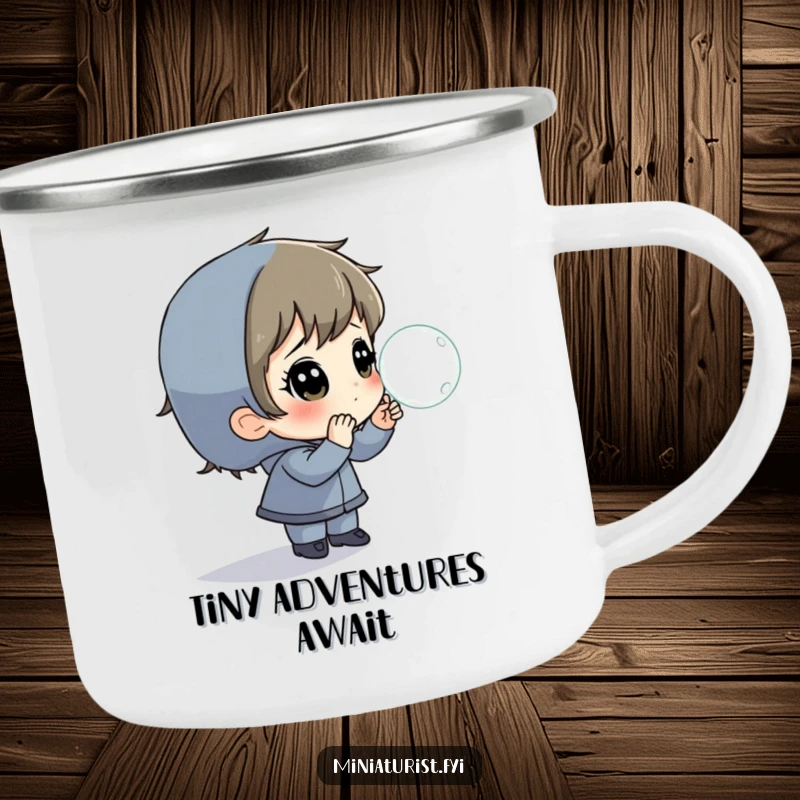 Funny Camping Mug showing a tiny person marveling at a big dewdrop, great for outdoor enthusiasts.