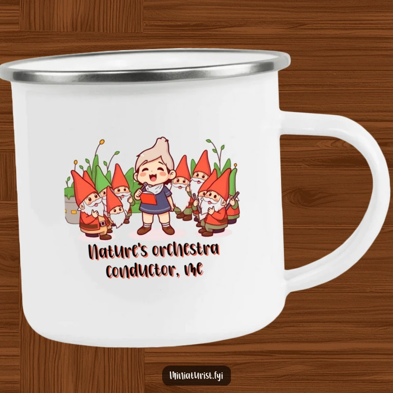 Funny Camping Mug: Miniature conductor enthusiastically leading a symphony of garden gnomes under the open sky.