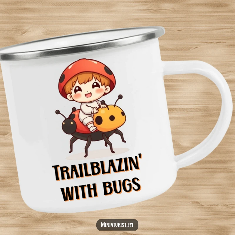 Funny camping mug with a tiny figure riding a ladybug, ideal for outdoor enthusiasts seeking humor and adventure on their travels.
