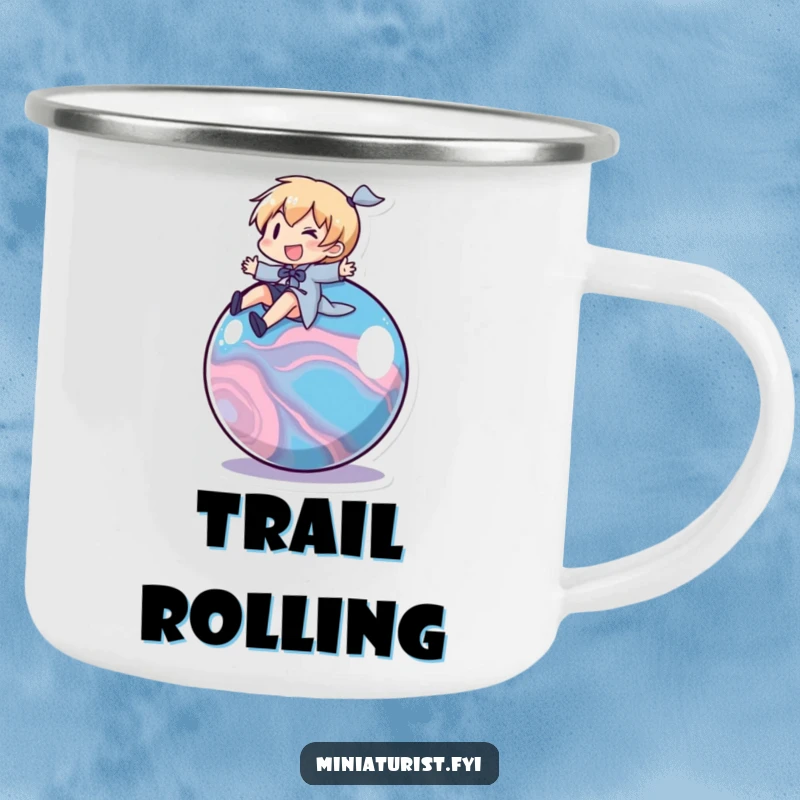Funny Marble Rider Camping Mug: A durable mug with a character riding a marble, ideal for outdoor adventures.