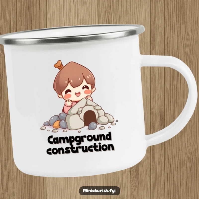 Funny camping mug showing a character building a house from pebbles, perfect for outdoor lovers who enjoy construction and humor.