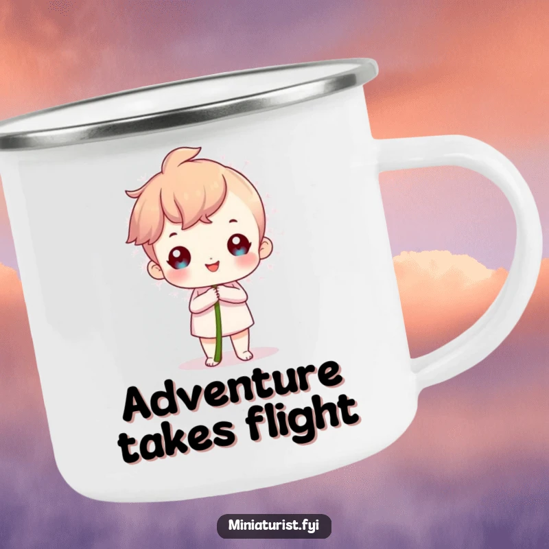 Funny Camping Mug with a proud miniature character holding a giant dandelion seed, symbolizing ambition.