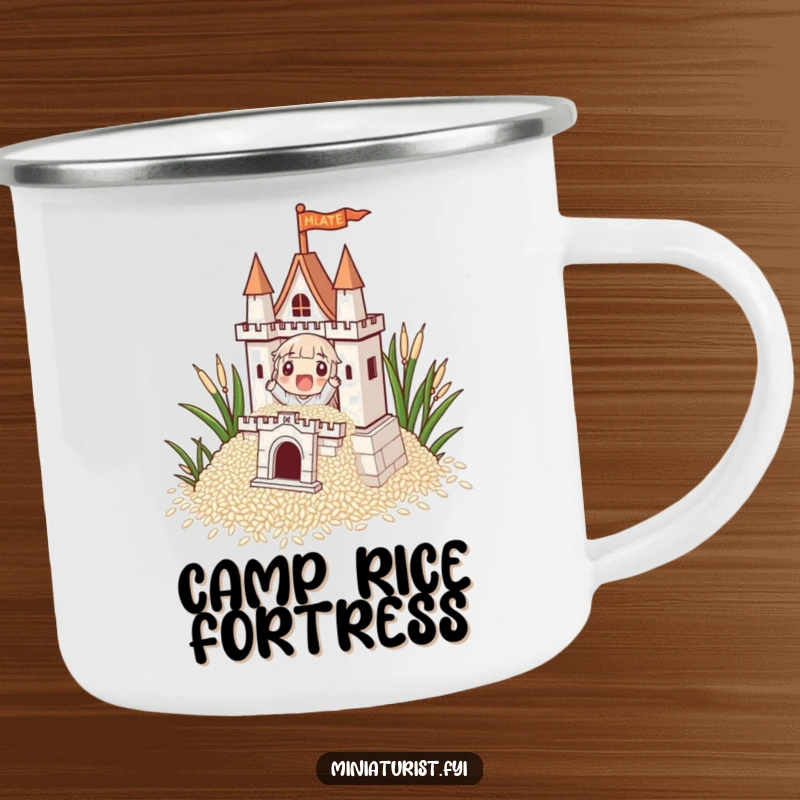 Funny, tiny character building an impressive castle from rice grains on a durable camping mug, symbolizing outdoor ambition.