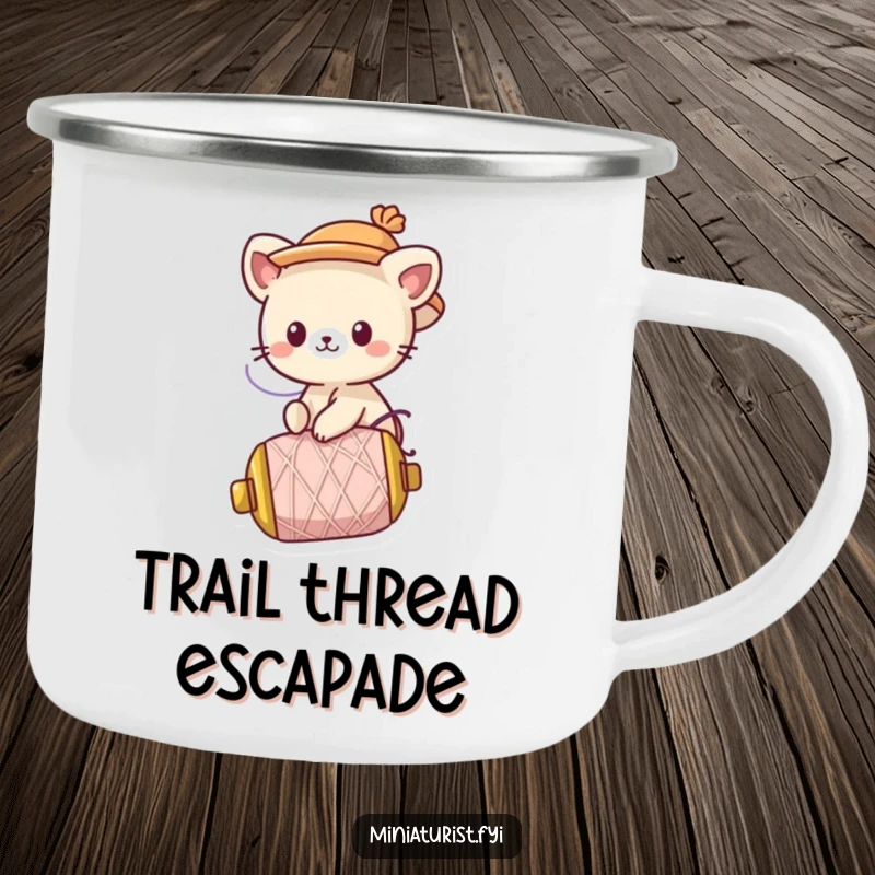 Funny Camping Mug: A cute animal character in a tiny hat rides a runaway spool of thread, perfect for adventurous campers.