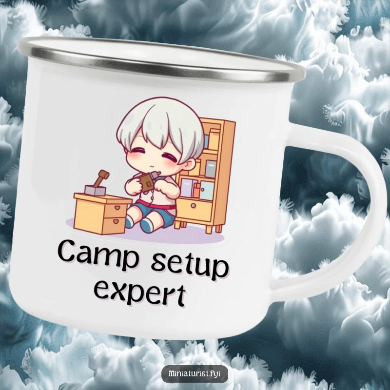 Funny Tiny Fixer Camping Mug with a small figure using a tool on tiny furniture, symbolizing fixing skills on adventures with humor.