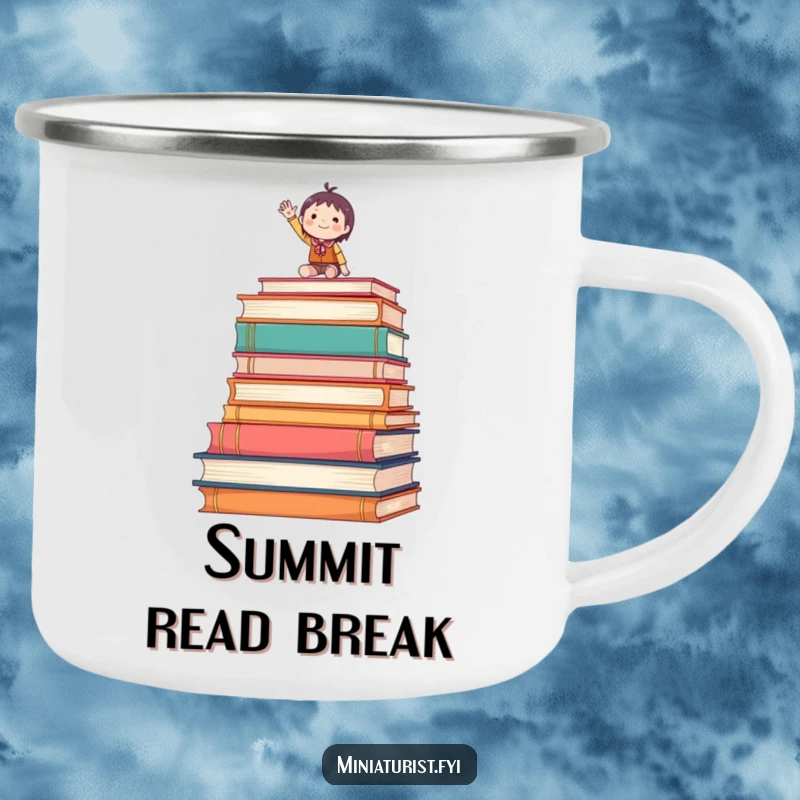 Funny camping mug with a tiny figure waving enthusiastically from atop books, adventurous and literary.