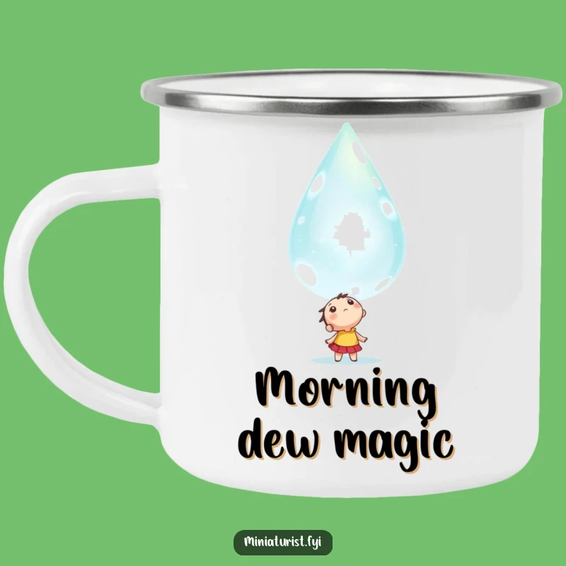 Funny Awe-struck Dewdrop Camping Mug: Outdoorsy Tiny Character's Wonder Gift