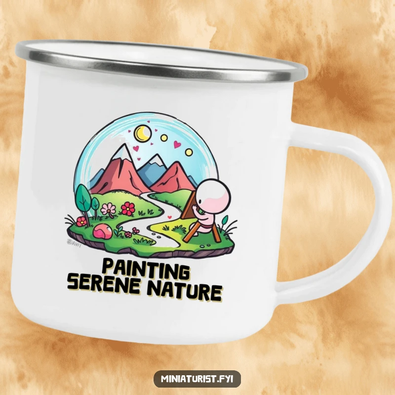 Funny Artist Landscape Camping Mug, sturdy mug with a small figure painting a microscopic landscape with vibrant, happy strokes, for outdoor art.