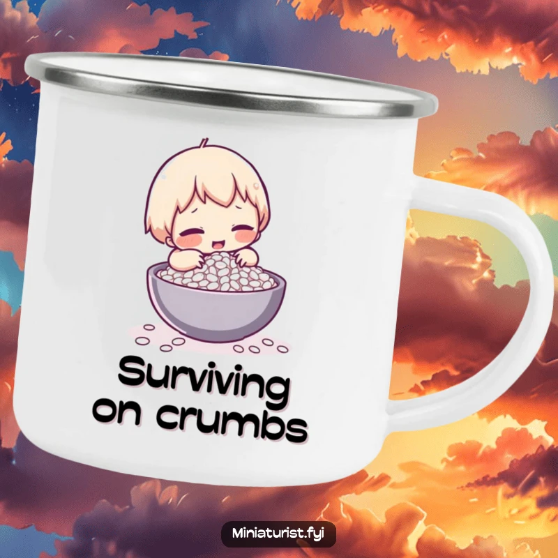 Funny camping mug depicting a tiny character comically struggling to lift a single grain of rice, for outdoor humor.