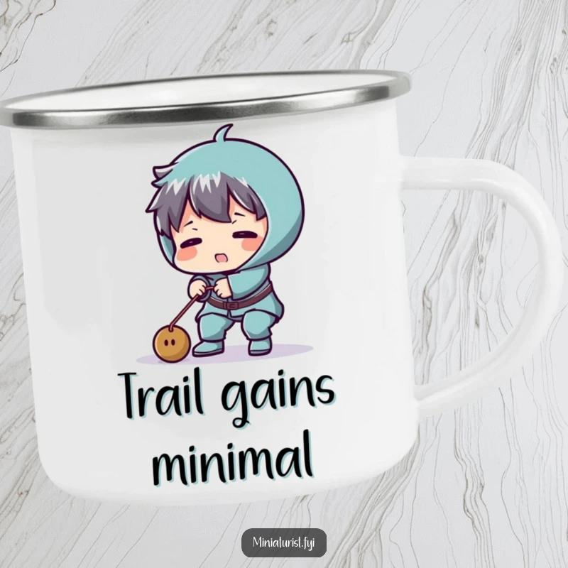 Funny camping mug depicting a tiny character comically struggling to lift a minuscule weight, perfect for outdoor humor.