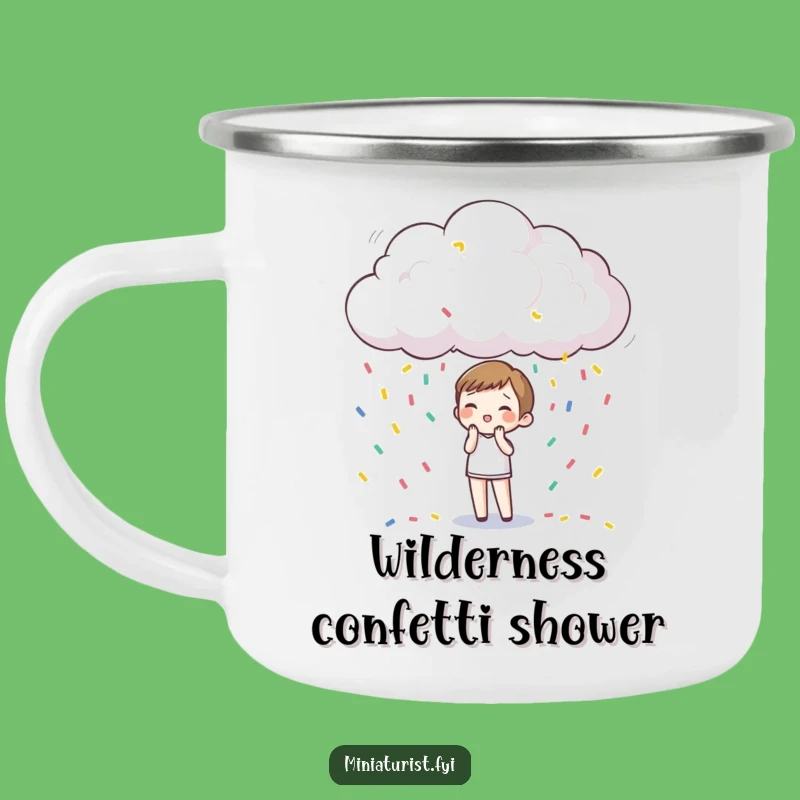 Funny Confetti Rain Camping Mug: Tiny Surprise Character in Miniature Cloud Outdoors