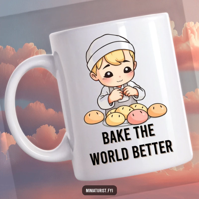 Funny Baker Loaf Mug, small baker shaping minuscule clay bread loaves with playful concentration and a smile, perfect gift.