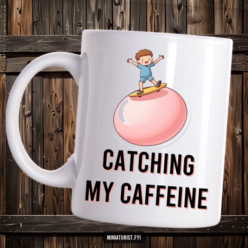 Funny miniature person enthusiastically surfing on a ridiculously large, upturned button, bringing excitement to this coffee mug.