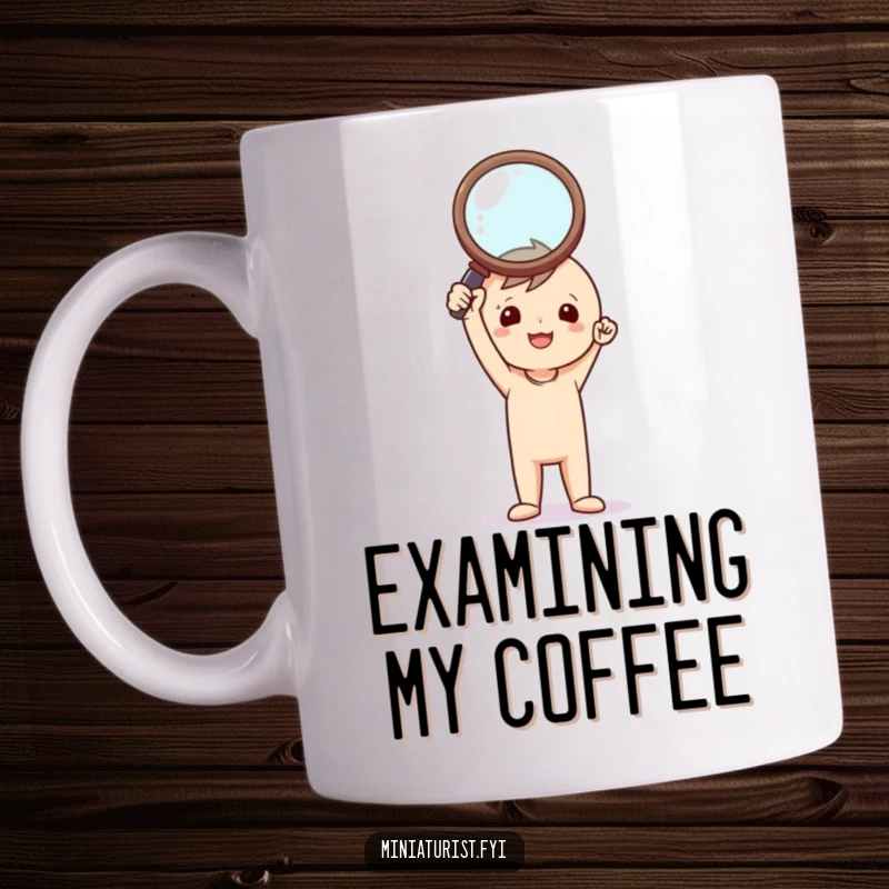 Funny Investigator Mug: Tiny triumphant figure holding a comically large magnifying glass aloft, celebrating a big breakthrough.