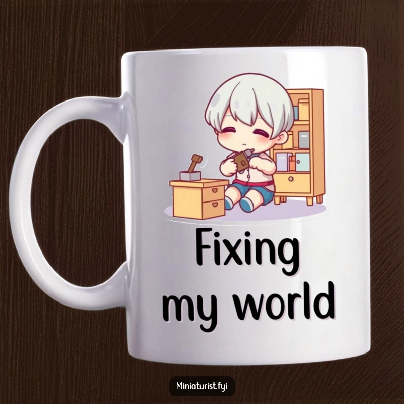 Funny Tiny Fixer Mug showing a small figure using a tool to adjust miniature furniture, a humorous celebration of craftsmanship and detail.