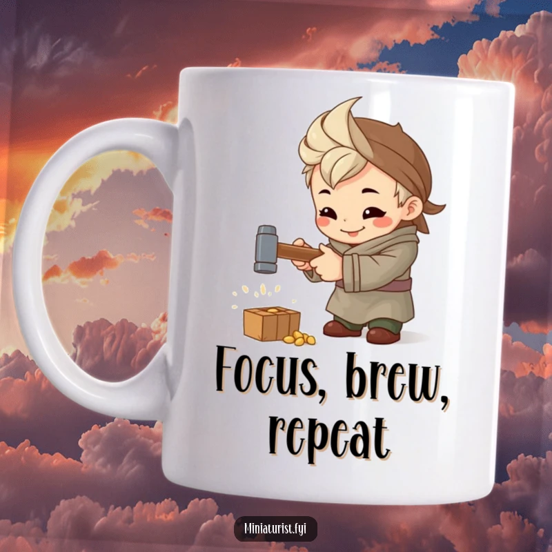 Funny Artisan Hammer Mug, tiny craftsman hammering a miniature hammer with intense focus and a proud smile, perfect gift.