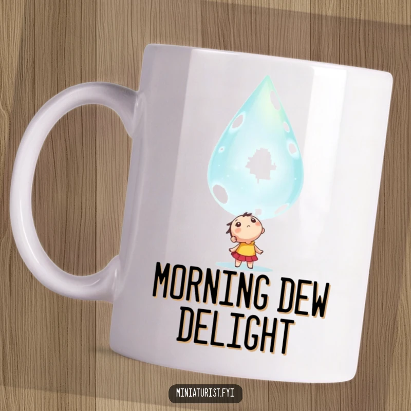 Funny tiny character looking up in absolute awe at a massive, sparkling dewdrop on this enchanting mug.
