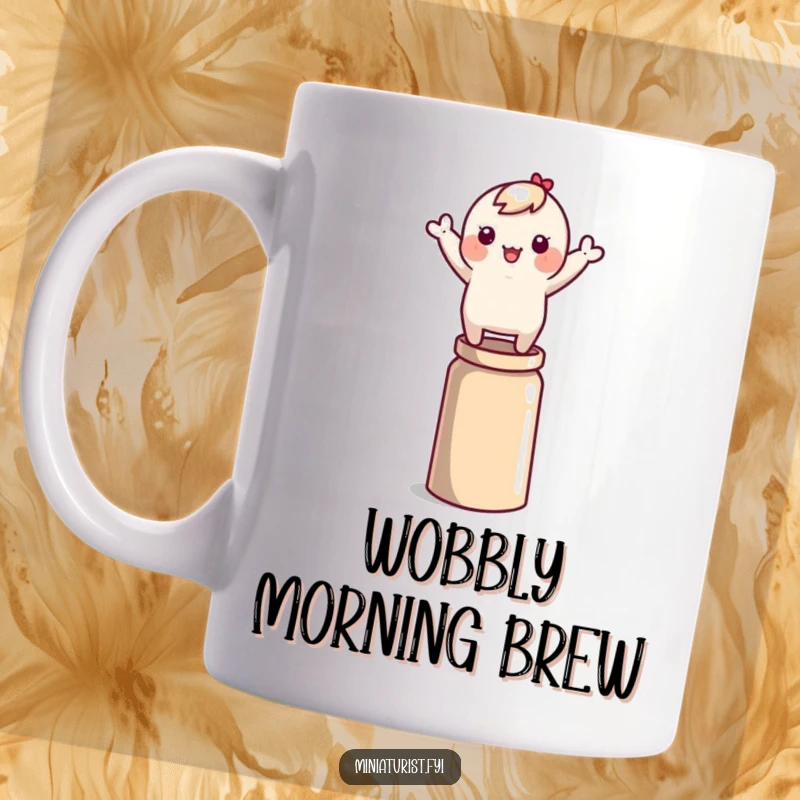 Funny tiny character precariously balancing on a thimble, arms waving wildly, featured on this amusing mug.