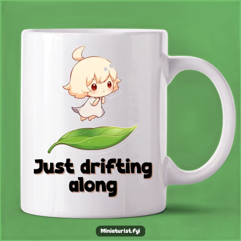 Funny Breeze Rider Mug: Tiny Character on Leaf, Perfect Funny Gift for Dreamers