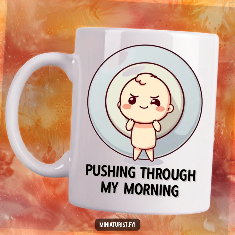Funny mug showing a tiny character with a determined smile pushing a colossal button, symbolizing effort and big tasks.