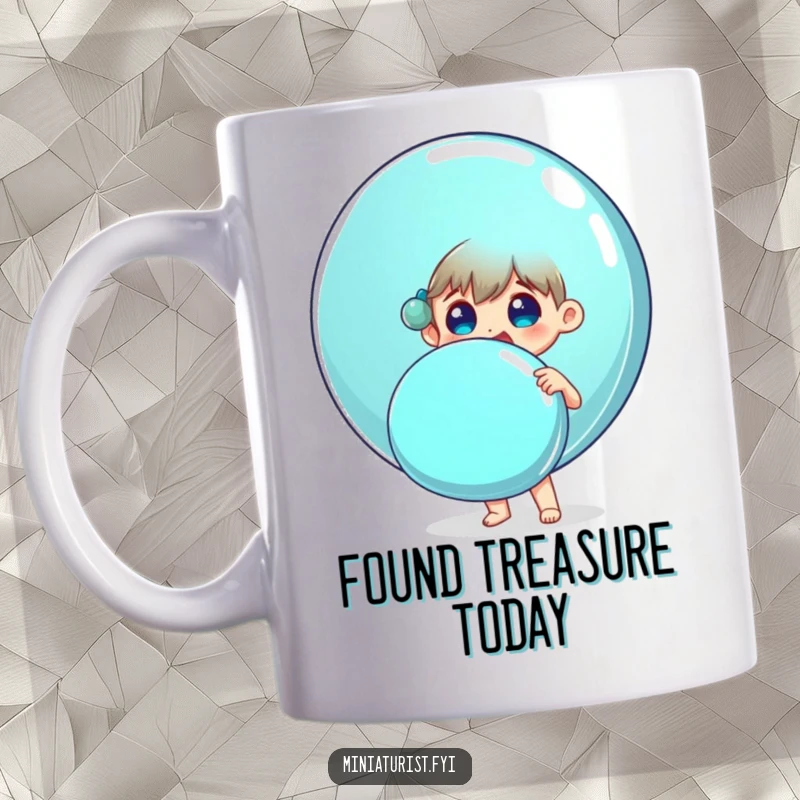 Funny mug showing a small person surprised and delighted holding an enormous shiny button, a whimsical gift.