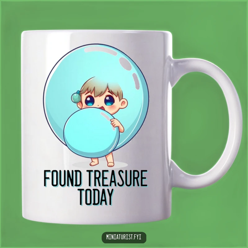 Funny Delighted Person Mug Holding Giant Shiny Button Gift